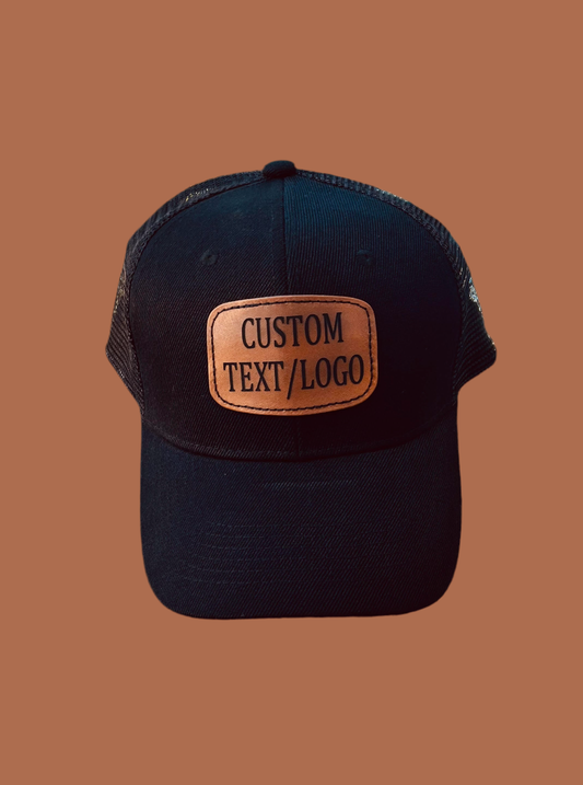Custom Leather Patch Hat Black Text/Logo
