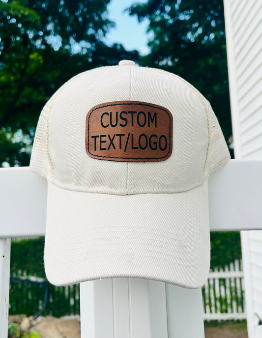 Custom Leather Patch Hat Beige Text/Logo