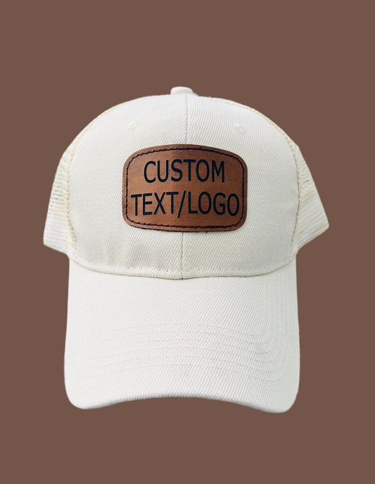 Custom Leather Patch Hat Beige Text/Logo